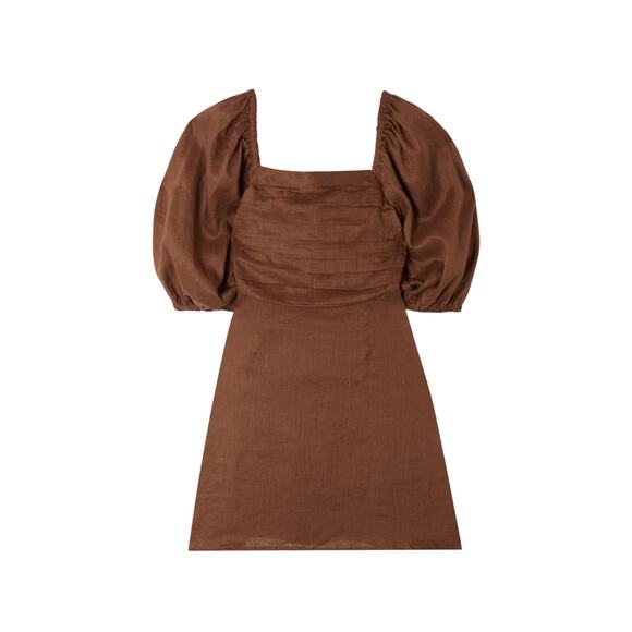 Faithfull The Brand 'Venezia' Brown Linen Shirred Pintucked Linen Midi Dress - Picture 1 of 4